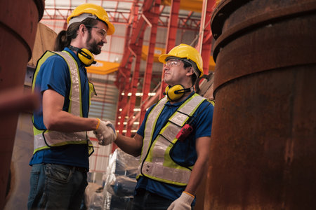 Team of engineers with safety suits and helmet working at the factory