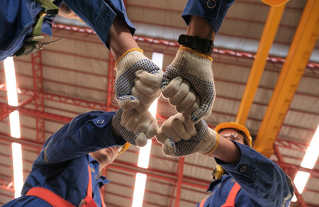 Team of engineers or worker stack hands to motivate and working at the factory.