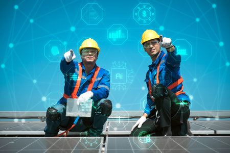 Engineers or workers install and inspect solar cell on the roof of the factory.