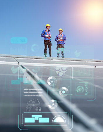 Engineers or workers install and inspect solar cell on the roof of the factory.の写真素材