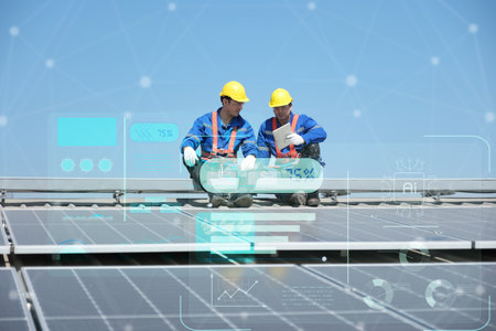 Engineers or workers install and inspect solar cell on the roof of the factory.の写真素材