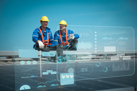 Two engineers sitting on a rooftop and looking at the camera against blue sky