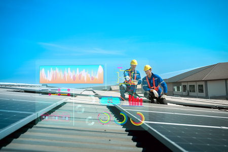 Engineers or workers install and inspect solar cell on the roof of the factory.の写真素材