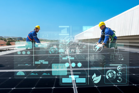 Engineers or workers install and inspect solar cell on the roof of the factory.の写真素材