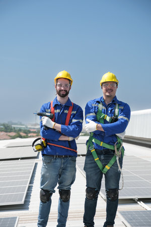 Engineers or workers install and inspect solar cell on the roof of the factory.の写真素材