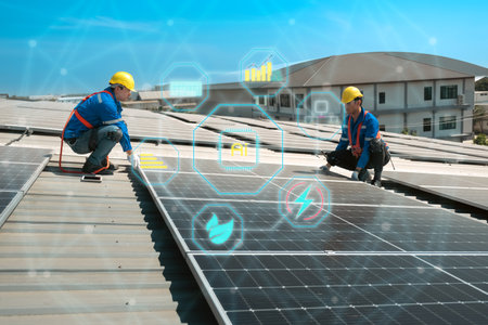 Engineers or workers install and inspect solar cell on the roof of the factory.