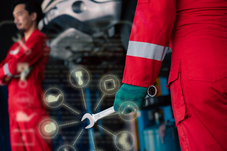 Car mechanic inspects car using technology and computer show resault at virtual screen.