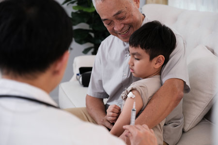 The doctor checkup health and injected the child with preventive vaccine at home
