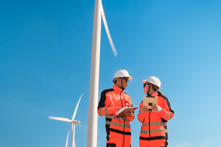 Engineers are inspecting wind turbines to generate electricity.の写真素材