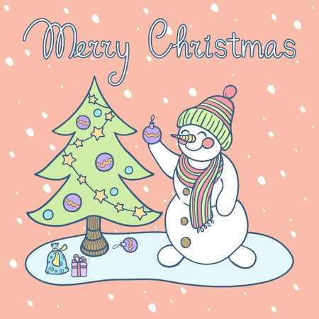 Snowman decorates the Christmas treeのイラスト素材