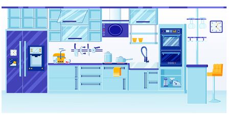 Blue Kitchen Interior Design with Shiny Glassのイラスト素材