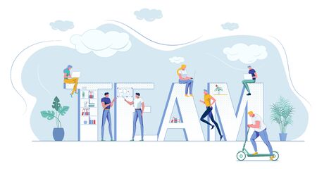 Team Capital Letters with Tiny Office Coworkersのイラスト素材