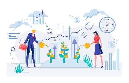 Couple Businesspeople in Watering Money Trees.のイラスト素材