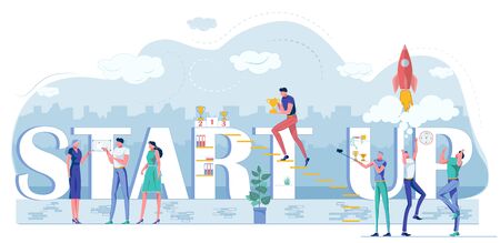 Startup Lettering Poster with Tiny Office Peopleのイラスト素材