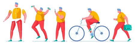 Overweight Man Body Parts Kit, Banknotes, Bike.のイラスト素材