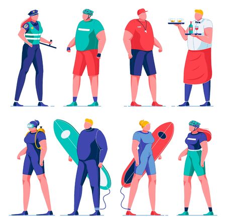 Female Police Officer in Uniform, Coach with Whistle Flat Cartoon Vector Illustration. Waital Carrying Trays with Wine and Beer Glasses. Diver with Equipment. Surfers with Biards. Bike Riders.のイラスト素材
