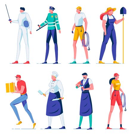 Police Woman, Rescuer, Farmer with Shovel Flat.のイラスト素材