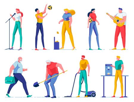 Girl Sings in Microphone, Boy Playing Volleyball.のイラスト素材