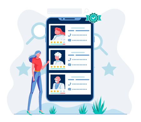 Patient Choosing Doctor in Mobile App Illustration. Telemedicine Application User Reading Hospital Staff Profiles, Comparing Ratings Cartoon Character. Woman Selecting Top Ranking Therapistのイラスト素材