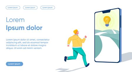 Full Man Runs to Idea and Looks at Path in Phone.のイラスト素材