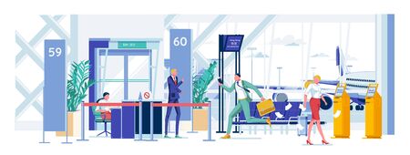 Late Man Hurry to Check-in for Boarding Plane. Man in Business Suit Runs to Security Control Point. Document Flies Out his Suitcase, Airport Employee Say he is Late. Outside Window Boarding Plane.のイラスト素材