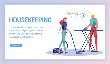 Family Housekeeping Concept. Woman and Man Doing Household Chore, Girl Vacuuming, Man Ironing Clothing on Board Website Design. Cleanliness and Hygiene Flat Cartoon Vector Illustration.のイラスト素材