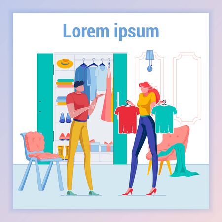 Woman Choosing Clothing to Wear, Doubting. Husband Looking and Pointing at Tshirt. Wife Asking for Help. Wardrobe with Clothes and Accessory Flat Cartoon Banner Vector Illustration.のイラスト素材