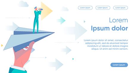 Startup Project Launching and Choosing Company Development Strategy and Direction. Businessman Character on Flying Paper Plain as Business Growth and Evolution Metaphor. Flat Vector Illustration.のイラスト素材