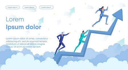 Business People, Men and Women Cartoon Characters on Rising Up Arrow. Successful Career Growth and Winning in Market Competition - Metaphor. Leadership and Self-development. Flat Vector Illustration.のイラスト素材