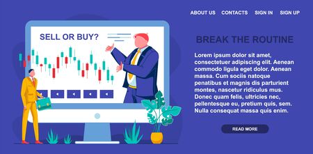 Break Routine, Learn how Decide to Sell or Buy. On Large Screen there Multi-colored Graph Columns and Teacher in Business Suit. There Triangles on Page Bottom to Start Viewing Trading Lessons.のイラスト素材