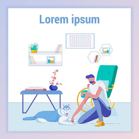 Man Sitting near Dog in Room Interior. Person Relaxing with Domestic Animal at Home. Pet Best Friend. Husky Lying on Floor, Table with Book, Free Time Flat Cartoon Banner Vector Illustration.のイラスト素材