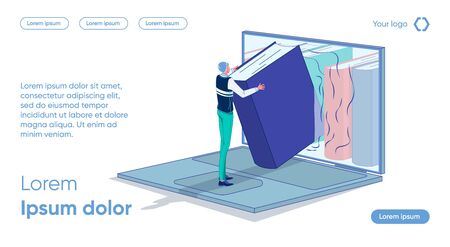 Man Puts Books into Library on Laptop Screen. Combination Theory and Practice. Develop Presentation Skills. Carry out Activities and Analyze. Setting Goals, Building Plan, Cartoon.のイラスト素材