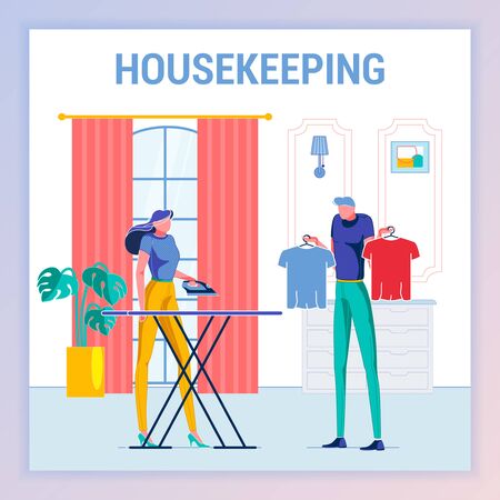 Woman Doing Household Chore, Ironing Clothing for Husband. Man Shrugging Shoulder, Hesitating what Tshirt to Choose. Couple Having Talk at Home in Room Flat Cartoon Banner Vector Illustration.のイラスト素材