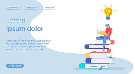 Study Process Flat Landing Page Vector Template. Learning, Work on Idea, Knowledge Improvement. Reading Woman Sitting on Books Stack Faceless Character. Education Target Homepage Layoutのイラスト素材