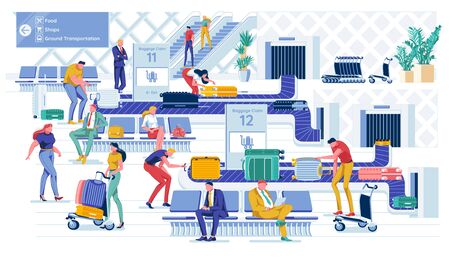 Waiting and Receiving Baggage from Transport Tape. At Baggage Claim Person Look and Checked Baggage, Trying to Find out his Suitcase. Another Passenger Sit on Bench, Waiting for their Bag.のイラスト素材