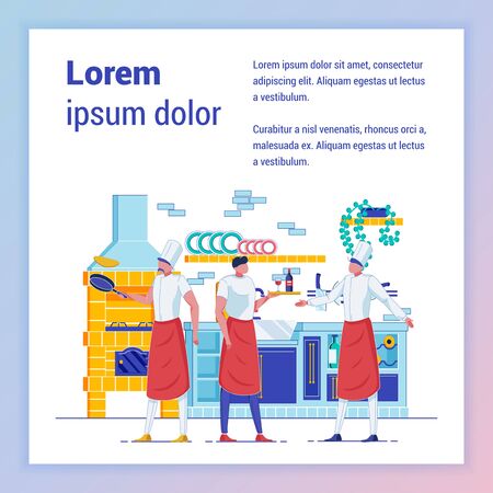 Male Waiter and Chef in Uniform Banner Template. Restaurant Cook in White Apron and Hat Poster Layout with Text Space. Man Carrying Tray with Alcohol Beverage Cartoon Character. Catering Serviceのイラスト素材