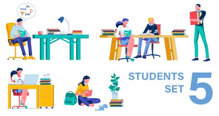 Doing College Home Assignment Alone or with Coursemate. Guy Studying Chemistry. Friend Deep in Their Book. Girl Searching for Information in Laptop. Student Reading, Sitting on Floor. Five Piece Set.のイラスト素材