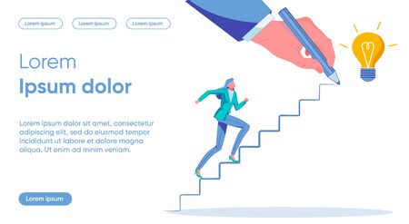Goal Setting Flat Landing Page Vector Template. Perspective Definition, Plan Following, Business Race Metaphor. Businesswoman Running Up Stairs Faceless Character. Way to Success Homepage Layoutのイラスト素材