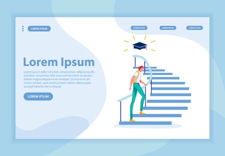 Higher Education Certificate as Goal Worth Striving. Young Man in Bottom Steps, Starting His Way Up to Academic Cap as Symbol College Graduation. Flat Vector Landing Page. Banner with Copy Space.のイラスト素材