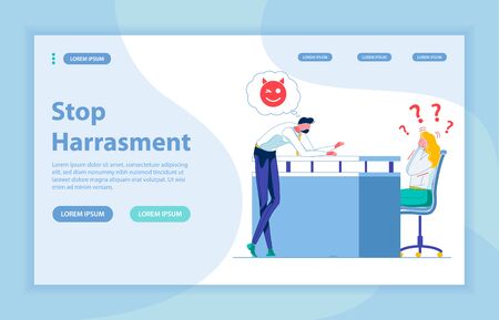 Overconfident Young Brunet Making Inappropriate Sexual Comments and Jokes. Young Lady at Reception Desk Shocked with Colleagues Behavior. Stop Workplace Harassment. Landing Page with Copy Space.のイラスト素材