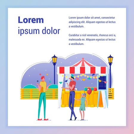 Bazzar, Fair Food Stand Vector Banner Template. People in Recreational Park Square Poster Layout with Text Space. Dad with Daughter at Outdoor Market Cartoon Illustration with Copyspaceのイラスト素材