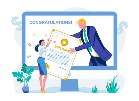 Written in Vector Congratulation and Diploma. Girl Holds Huge Diploma. Man in Suit Passes Document from Computer Monitor to Girl, Flat. Solemn Event for Students. Vector Illustration.のイラスト素材