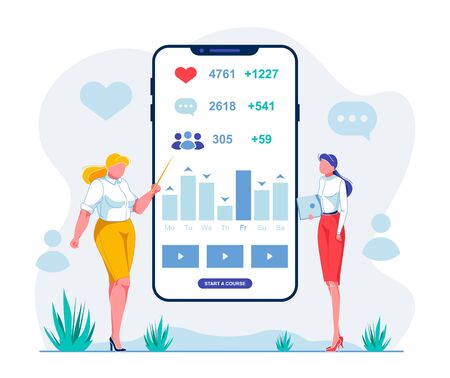 Teacher Show on Diagram Activity in Social Network. Student Online Course Listens how to Increase Number Likes, Subscribers and Comments. Teacher Tells this by Pointing to Screen Large Smartphone.のイラスト素材