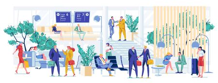 Waiting Room for VIP Passenger and Businessman. Man and Woman in Business Clothes with Luggage Waiting for Flight. In Lobby they Chat with Colleague, Read and have Telephone Conversation.のイラスト素材