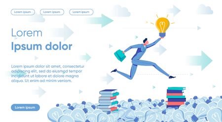 Businessman Cartoon Character Holding Electric Bulb Inspired by Creative Idea. Market Promotion Strategy and Leadership Business Technology. Personal Growth Training. Flat Vector Illustration.のイラスト素材