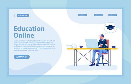 Online Education Banner. Young Brunet, Studying Online, Sitting at Desk in Front Laptop, Cup and Paper Sheet Around, Doing Assignment, Thinking Graduation. Flat Vector Landing Page with Copy Space.のイラスト素材
