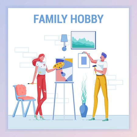 Family Hobby, Woman Artist Painting on Canvas Holding Palette with Watercolor. Man Hanging Picture on Wall with Hammer. Art Studio. Girl in Dirty Clothing with Brush Banner Vector Illustration.のイラスト素材