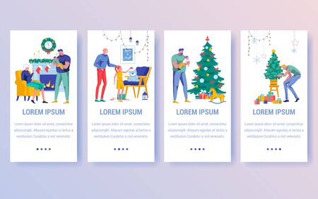 Family Member Celebrating New Year. Man Decorating Tree for Christmas. Father Holding Baby on Hand Web Page. Grandmother near Fireplace, Grandfather with Girl and Toy Vector Flat Illustration.のイラスト素材