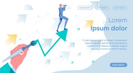 Giant Hand Drawing Pointing Arrow For Businessman as Metaphor of Career Building Strategy and Company Care for Employees. Creation Perfect Environment for Job and Business. Flat Vector Illustration.のイラスト素材