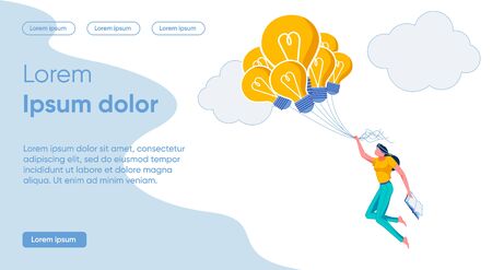 Flat an Idea with Cool Set Properties and Details. Girl in Sportswear Flies Through Sky, Holding on to Light Bulbs Instead Balloons, Woman Holds Book in her Hands. Flight Fancy, Slide.のイラスト素材